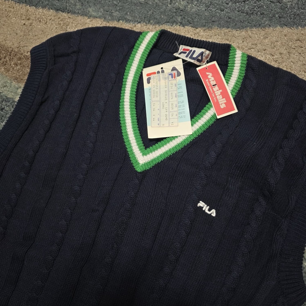 FILA Sweater Vest Mens 44 Navy Cable Knit V Neck Made In Italy NWT Vintage